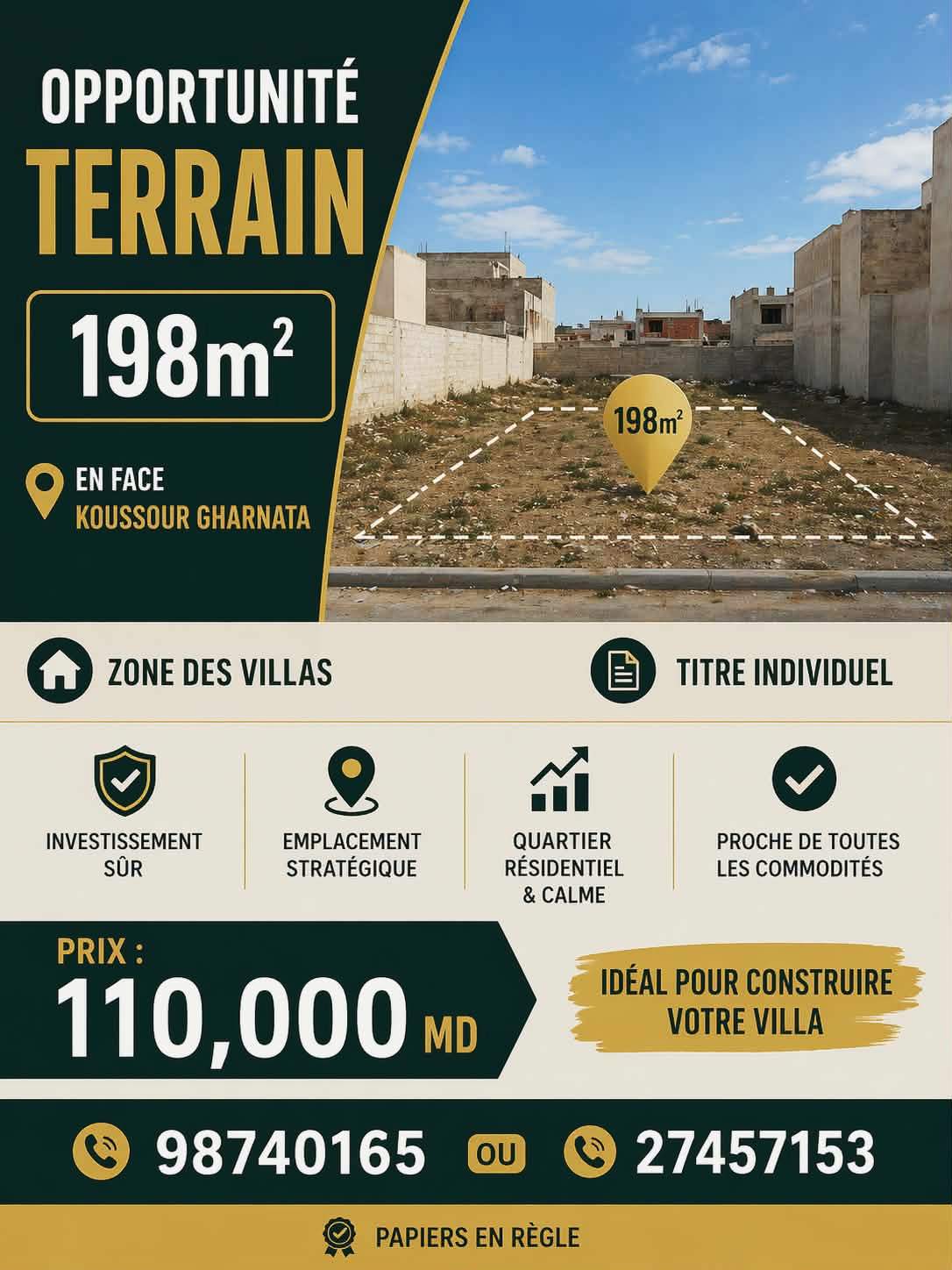 Lot 198m zone des villas en face koussour gharnata