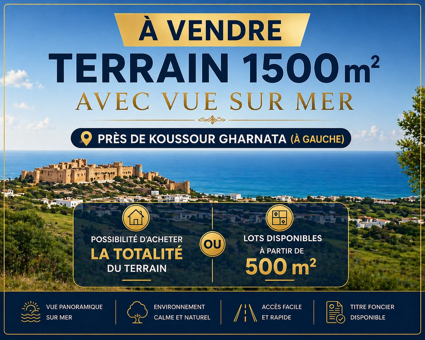 Lot 1500m vue mer prés koussour gharnata à gauche