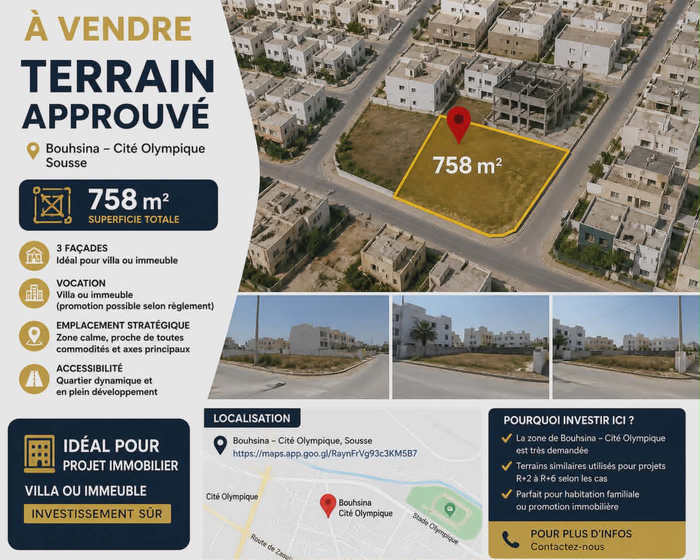 Terrain approuvé 758m cité olympique bouhsina