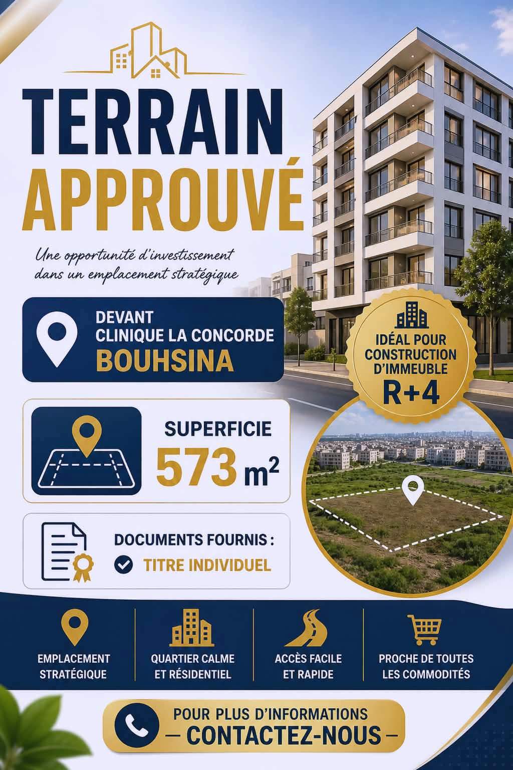 Terrain approuvé 573m devant clinique la concorde
