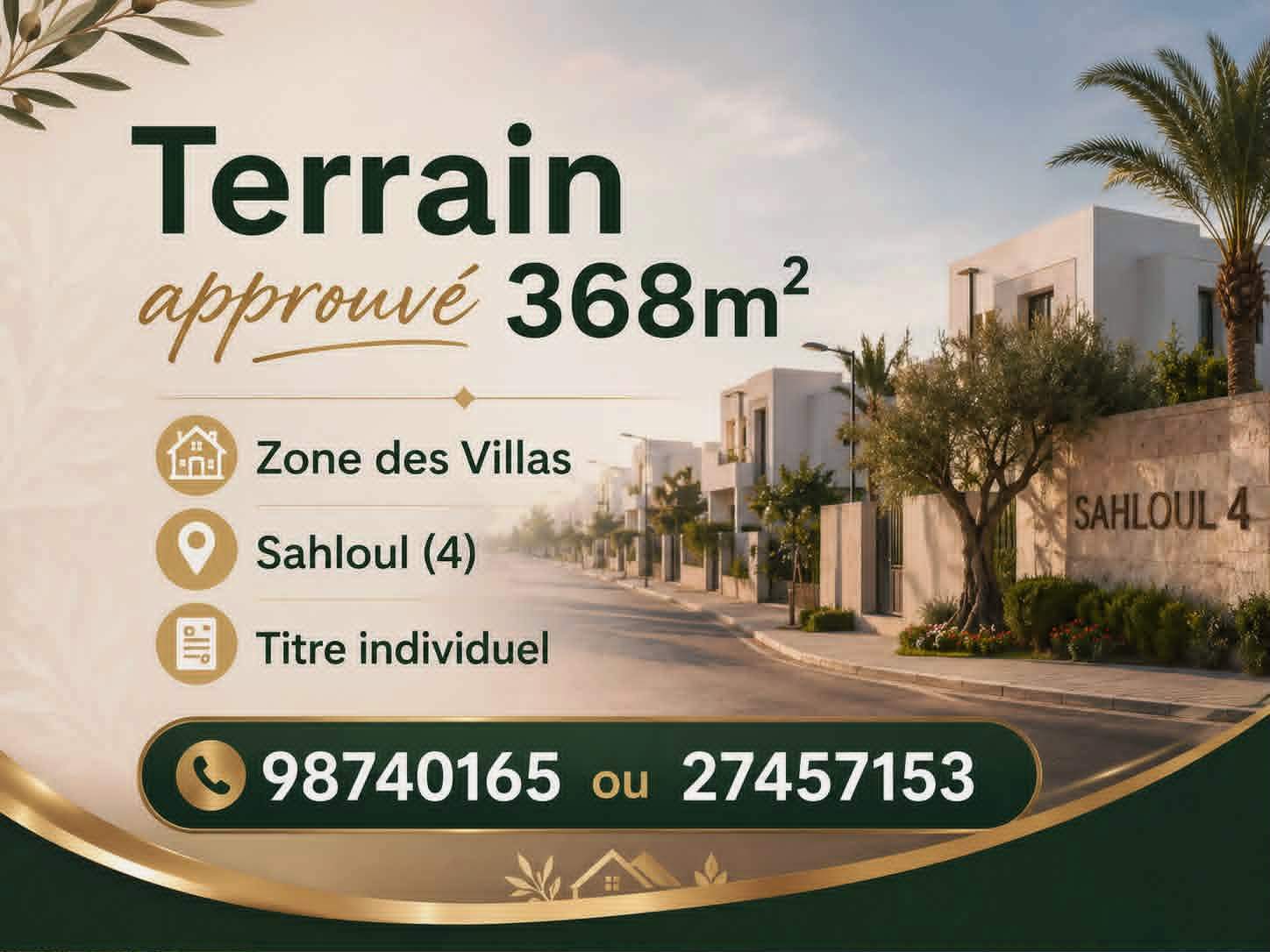 Terrain approuvé 368m zone des villas sahloul 4