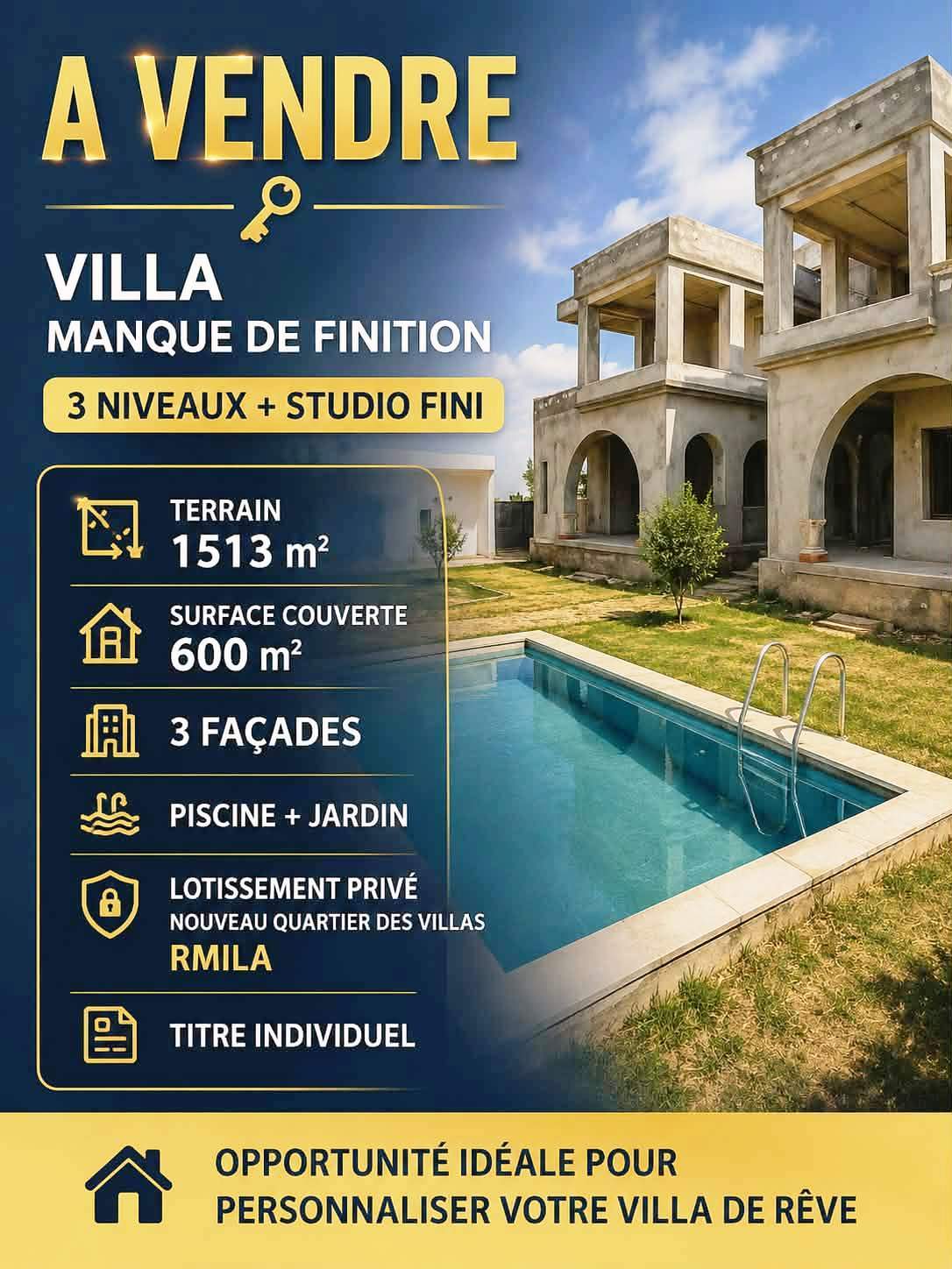 Villa sur 3 niveaux manque de finition à rmila