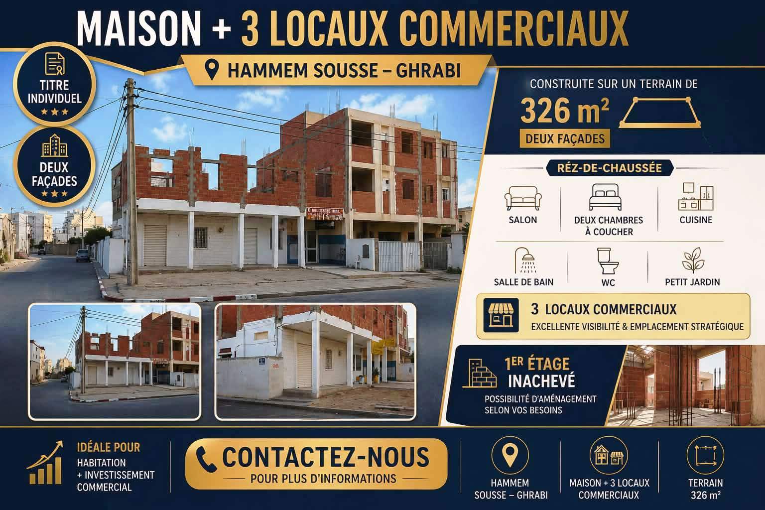 Maison et 3 locaux commercieaux hammem sousse