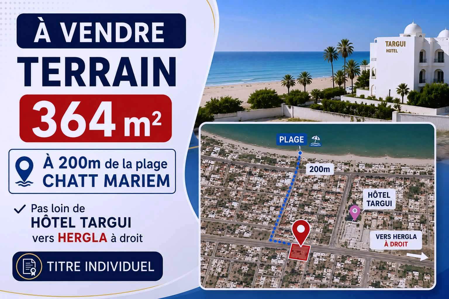 Terrain 364m à 200m de la plage chatt mariem