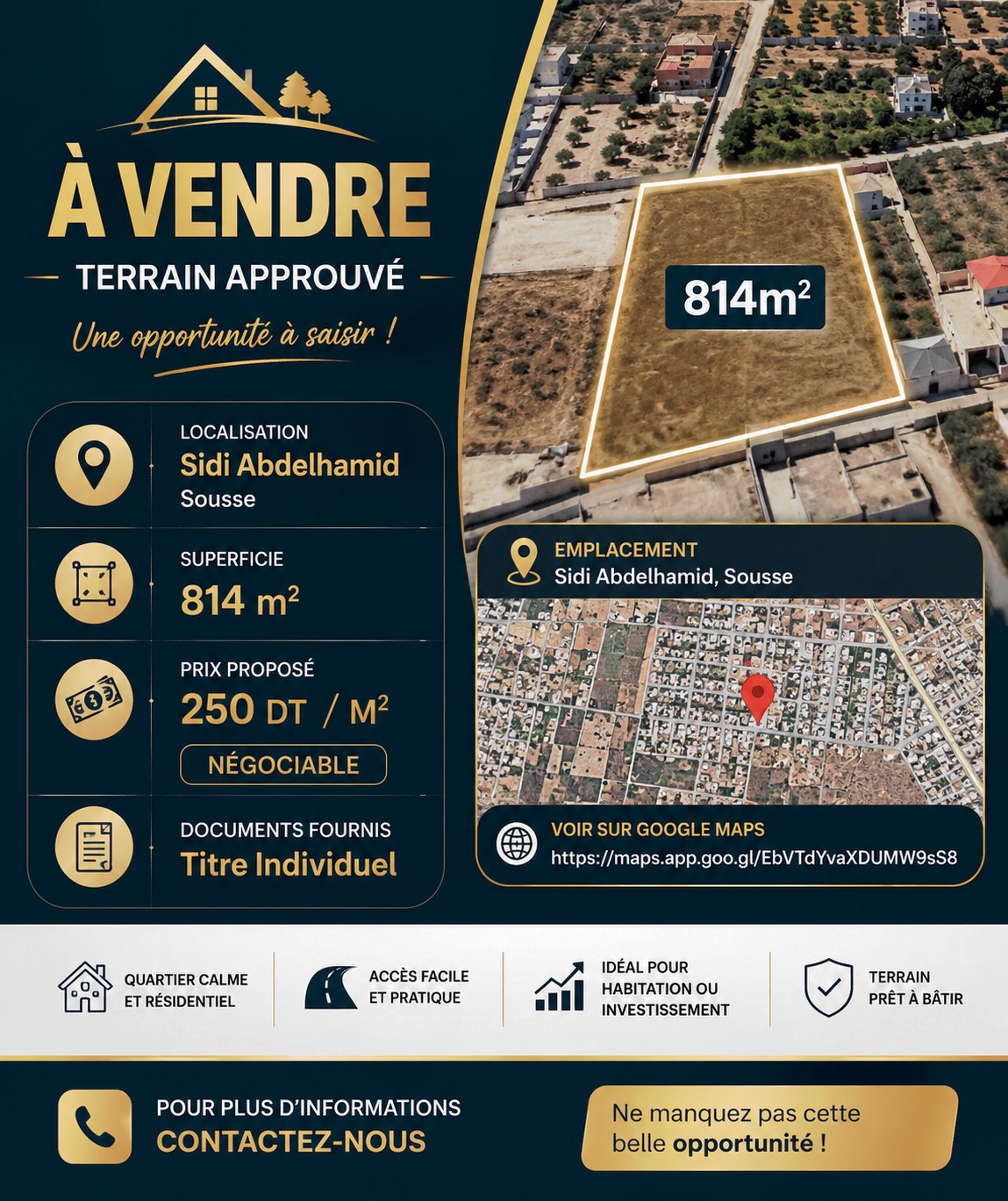 Terrain approuvé 814m à sidi abedlahmid sousse
