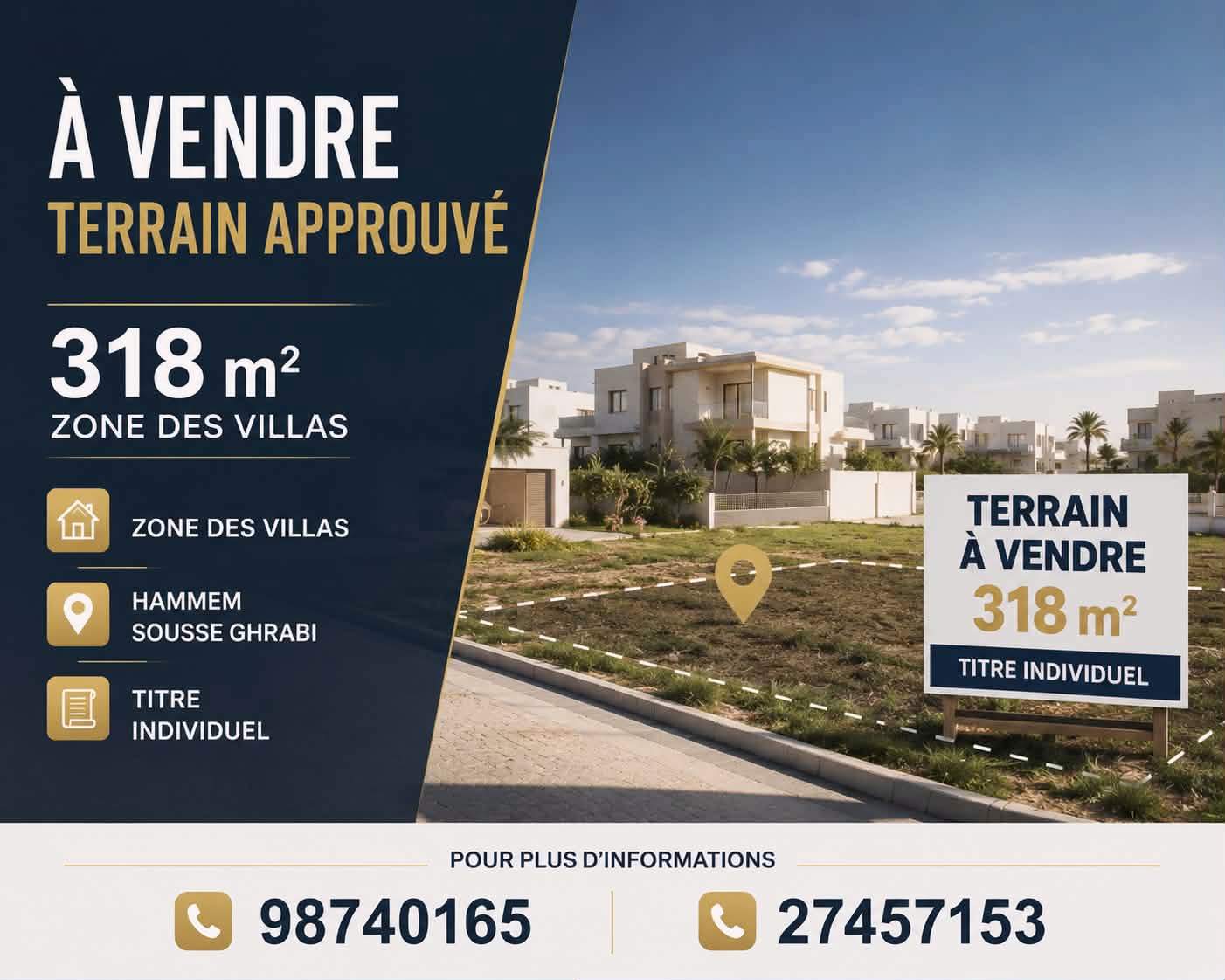 Terrain approuvé 318m hammem sousse ghrabi