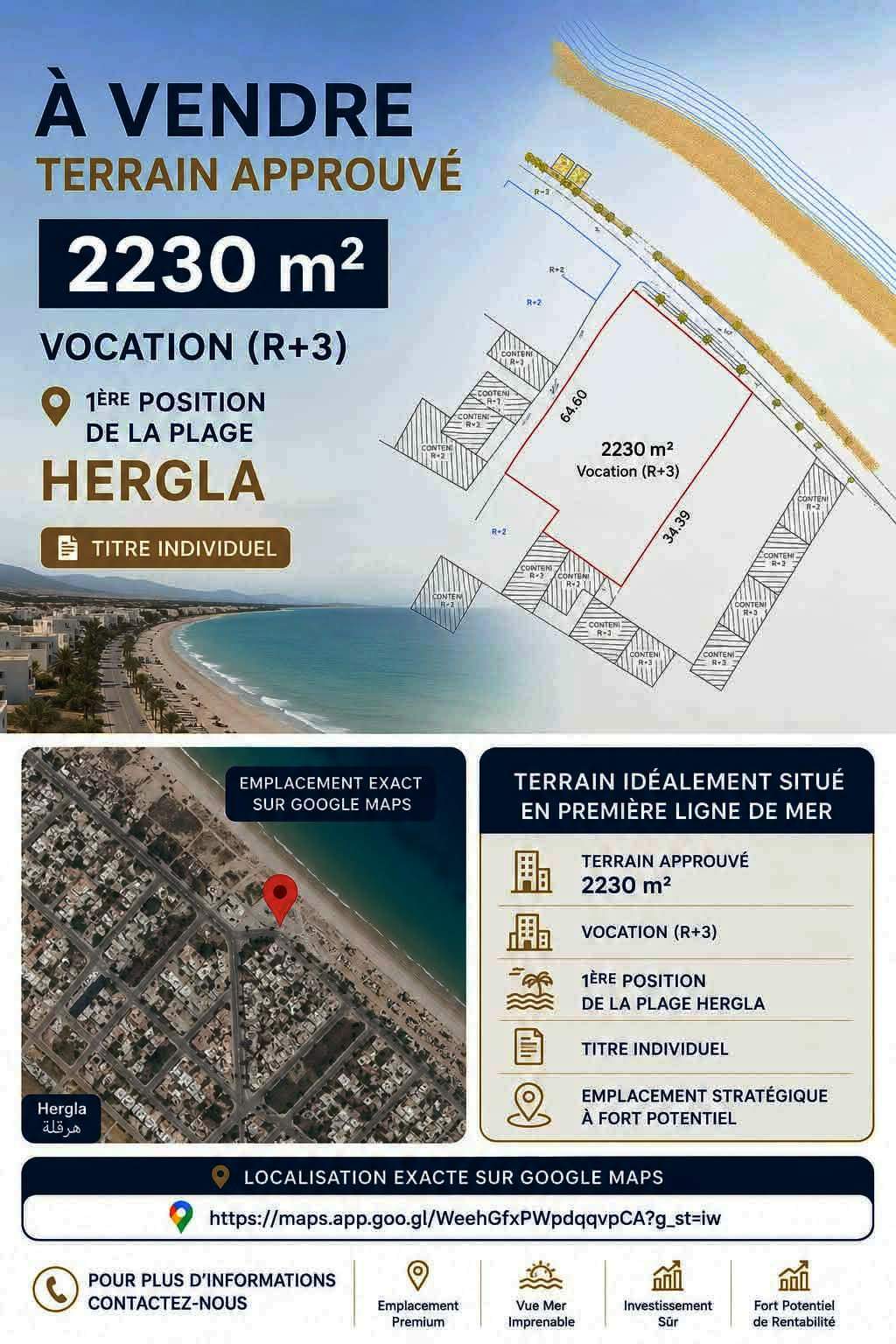 Terrain 2230m en 1ér position de la plage hergla