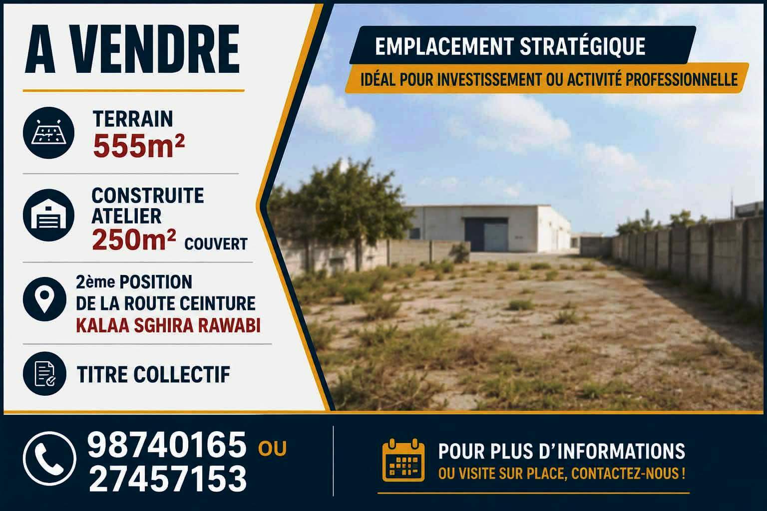 Terrain 555m avec atelier 250m kalaa sghira rawabi