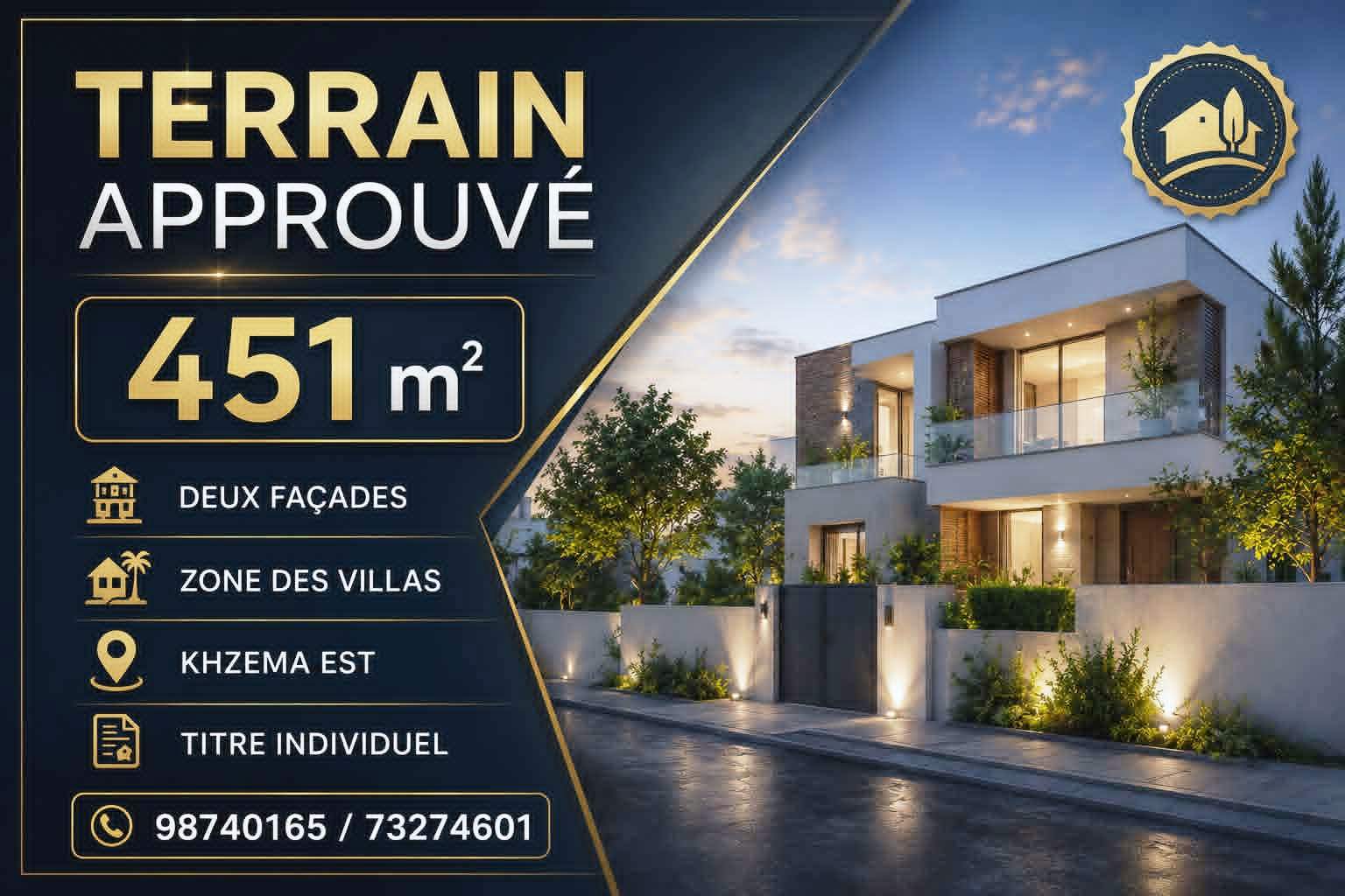 Terrain approuvé 451m deux façades à khzema est