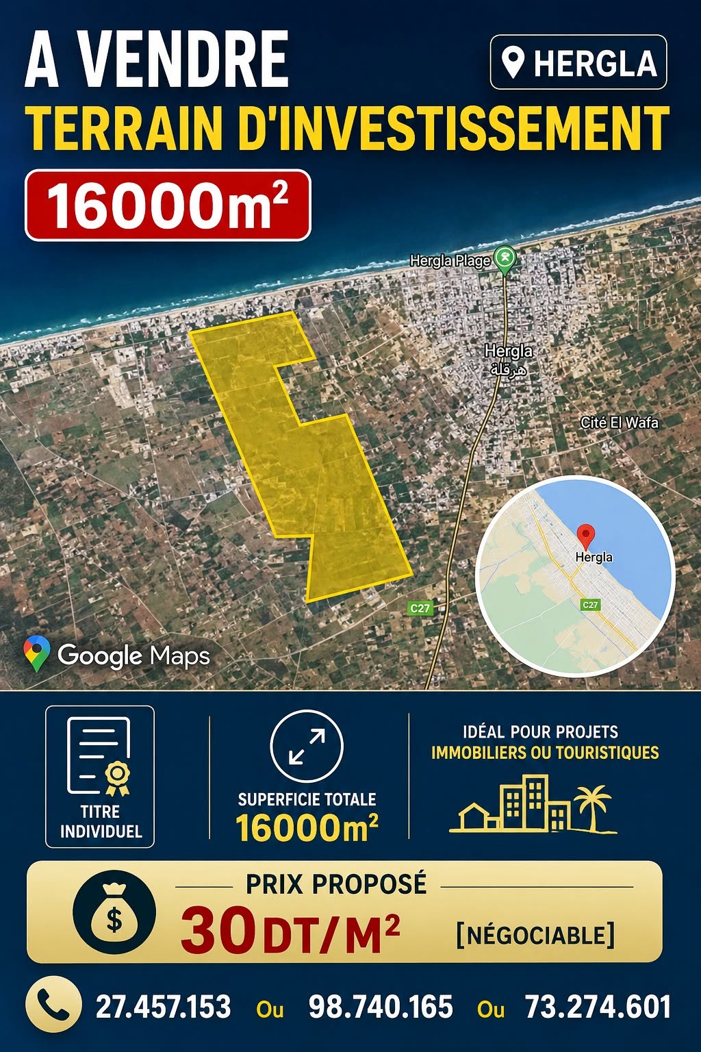 Terrain d'investissement 16000m à hergla