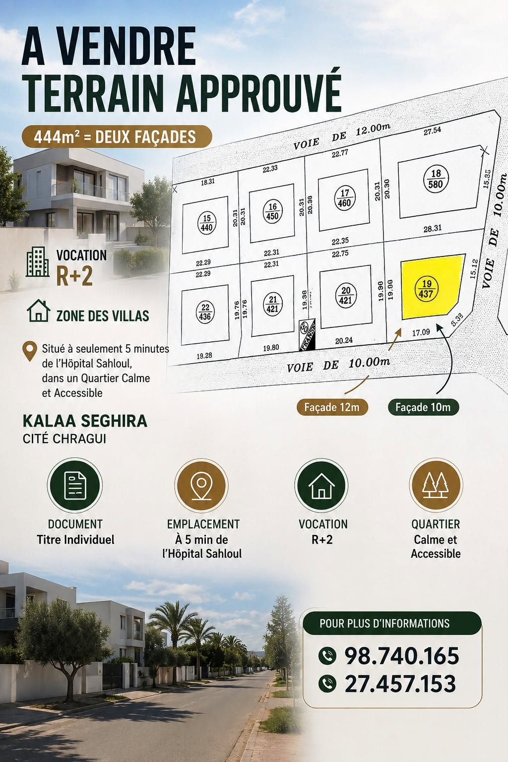 Terrain approuvé 444m kalaa seghira cité chragui