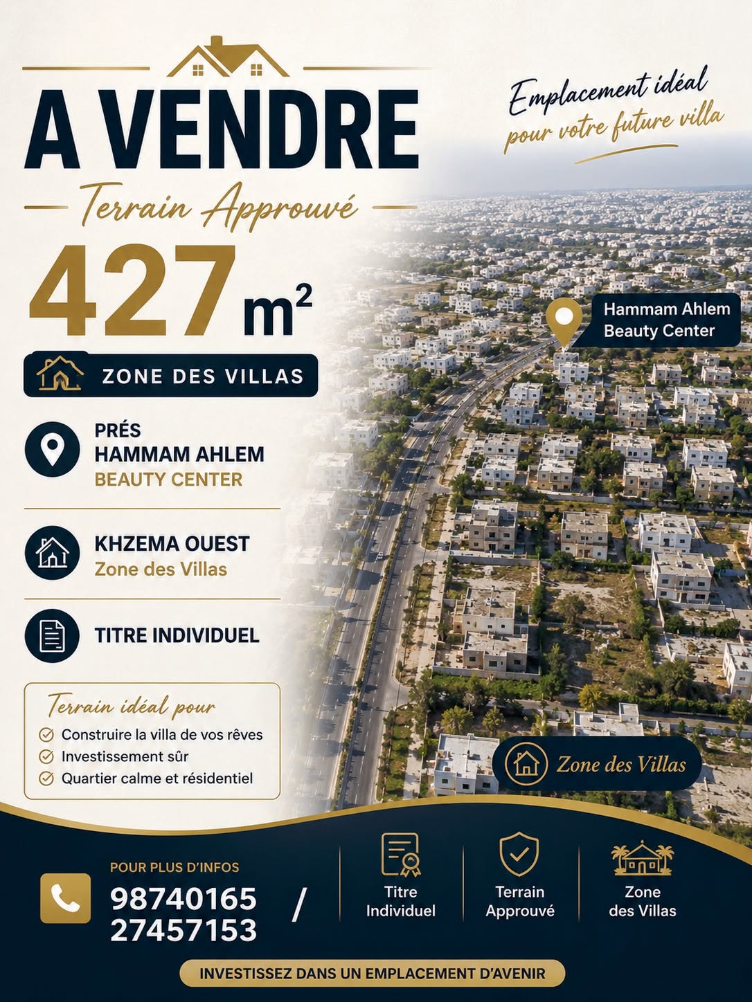 Terrain approuvé 427m zone des villas khzema ouest