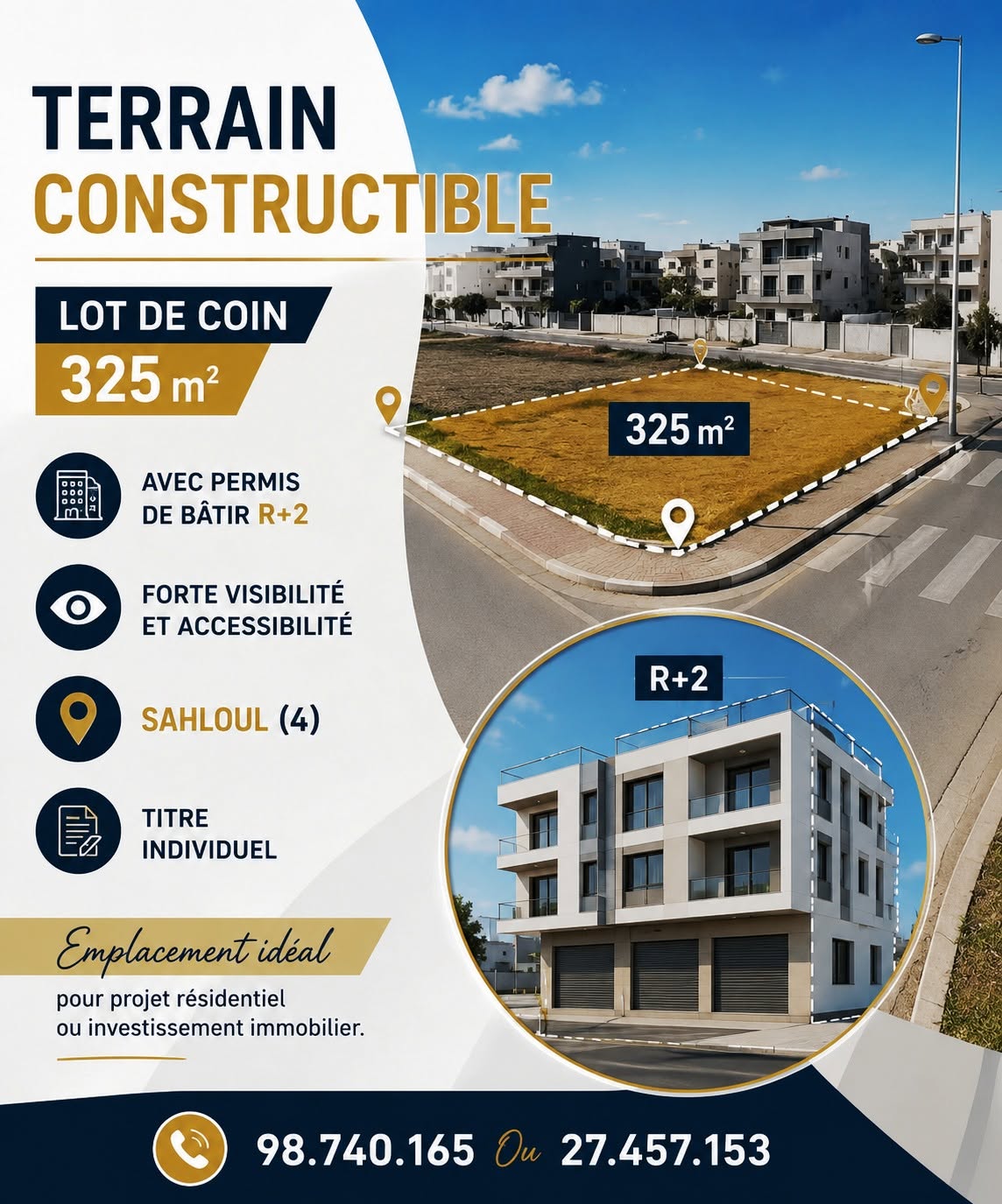 Terrain 325m a vec permis de bâtir r2 à sahloul 4