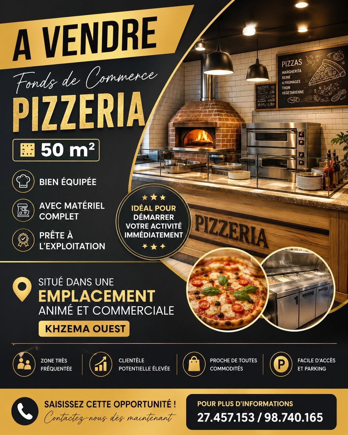 Pizzeria quipé avec matériel 50m à khzema ouest