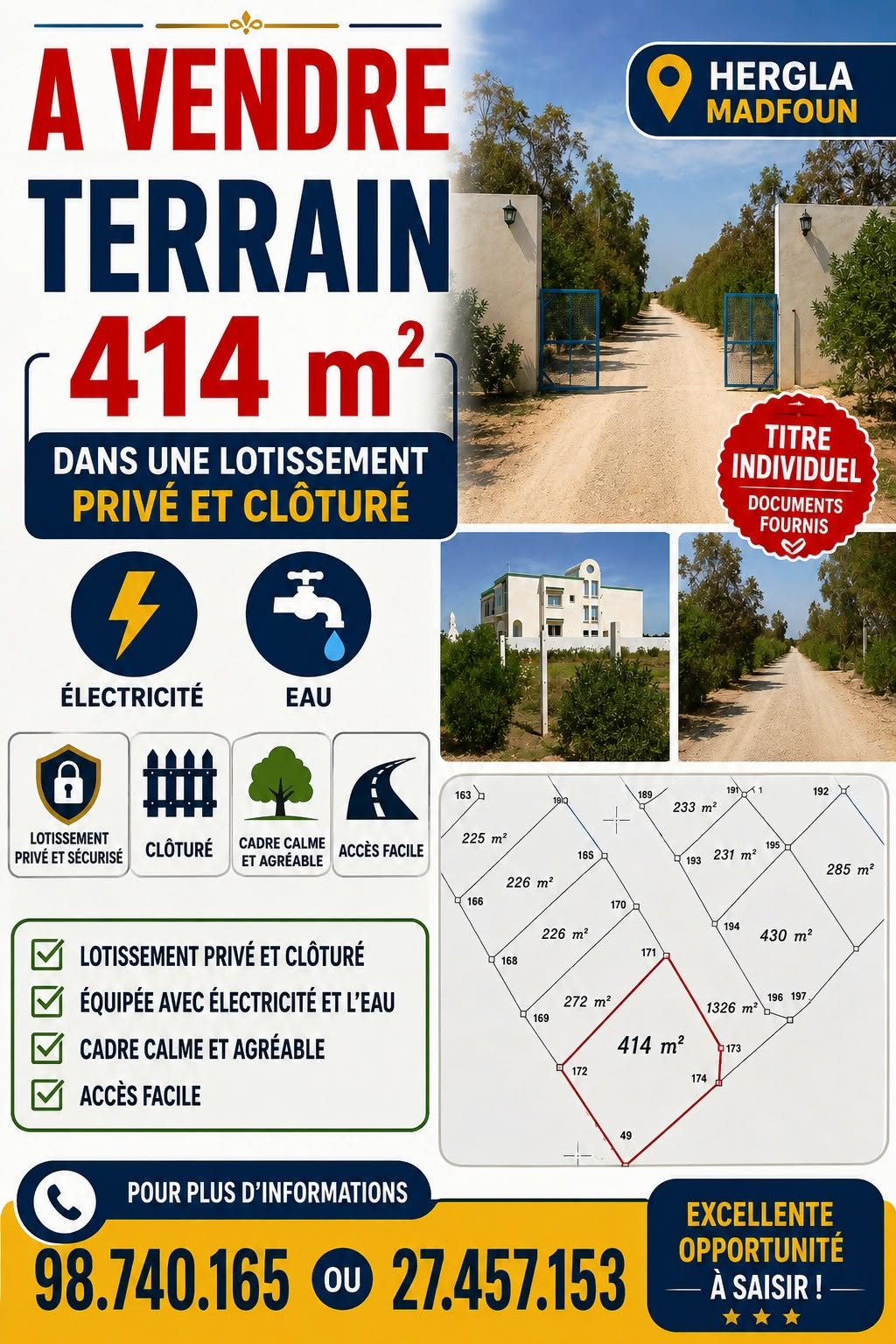 Terrain 414m dans une lotissement privé hergla