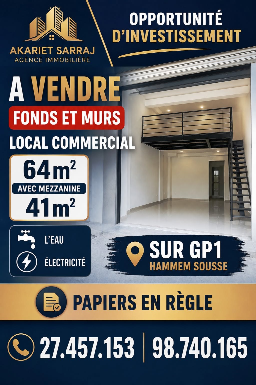 Fonds et murs local commercial à gp1 hammem sousse