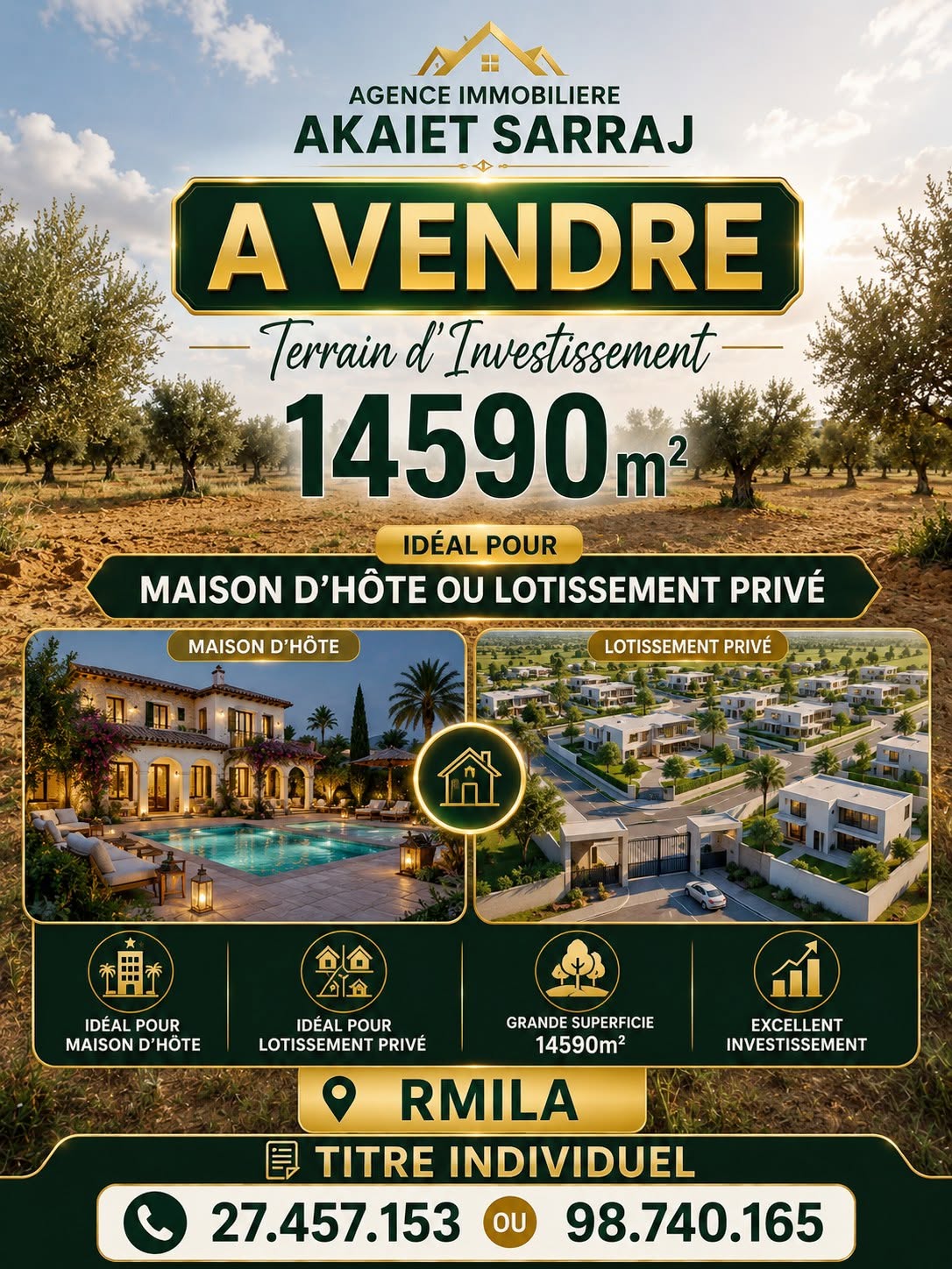 Opportunité terrain d'investissement 14590m rmila