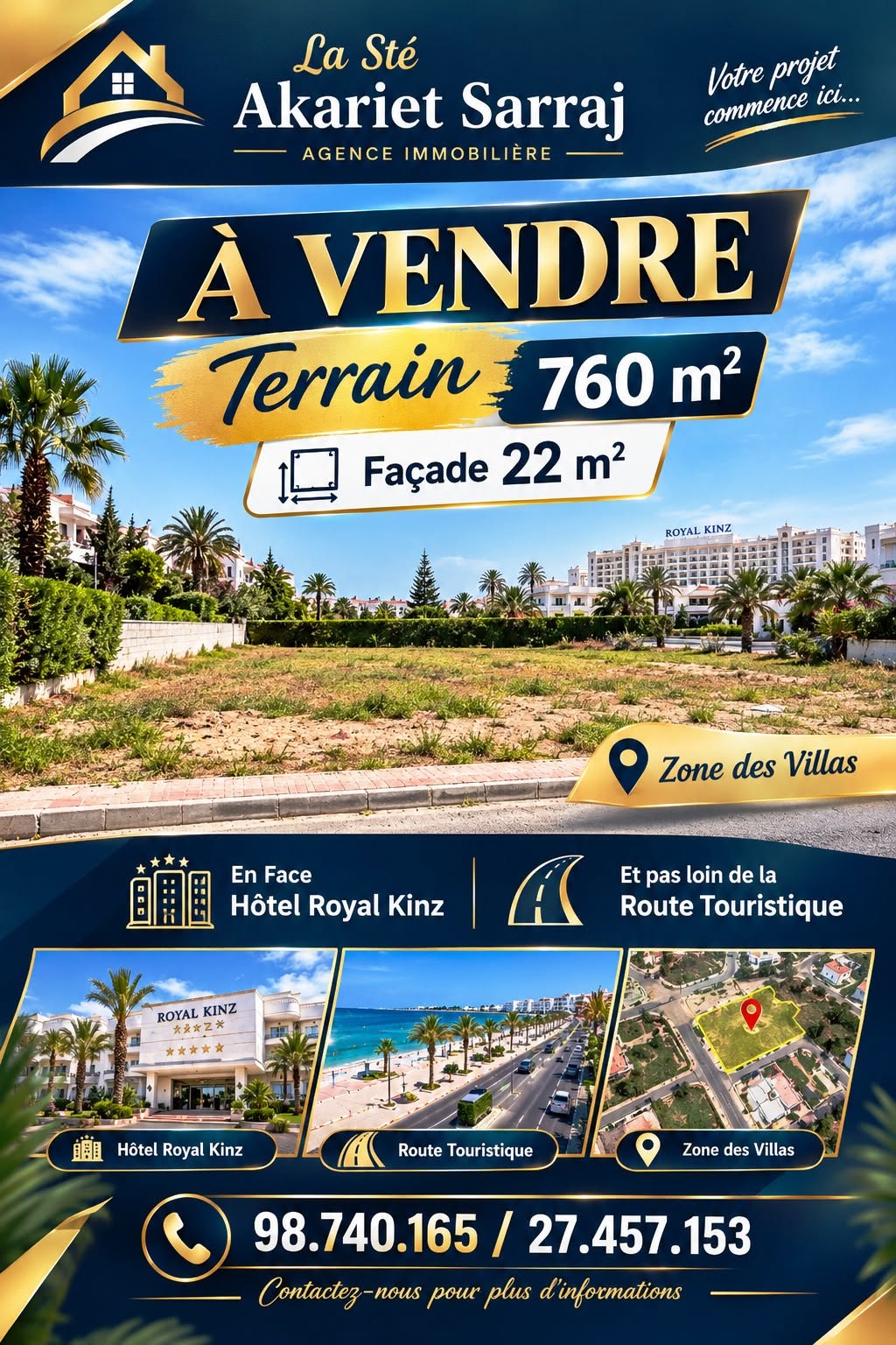 Terrain titré 760m en face hôtel royal kinz