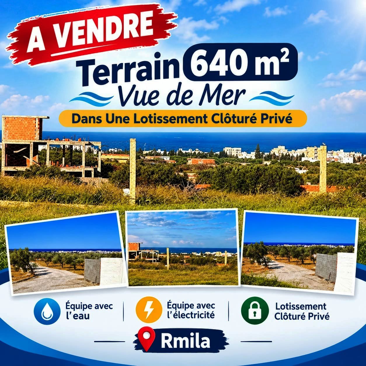 Reste un seul terrain vue de mer 640m à rmila