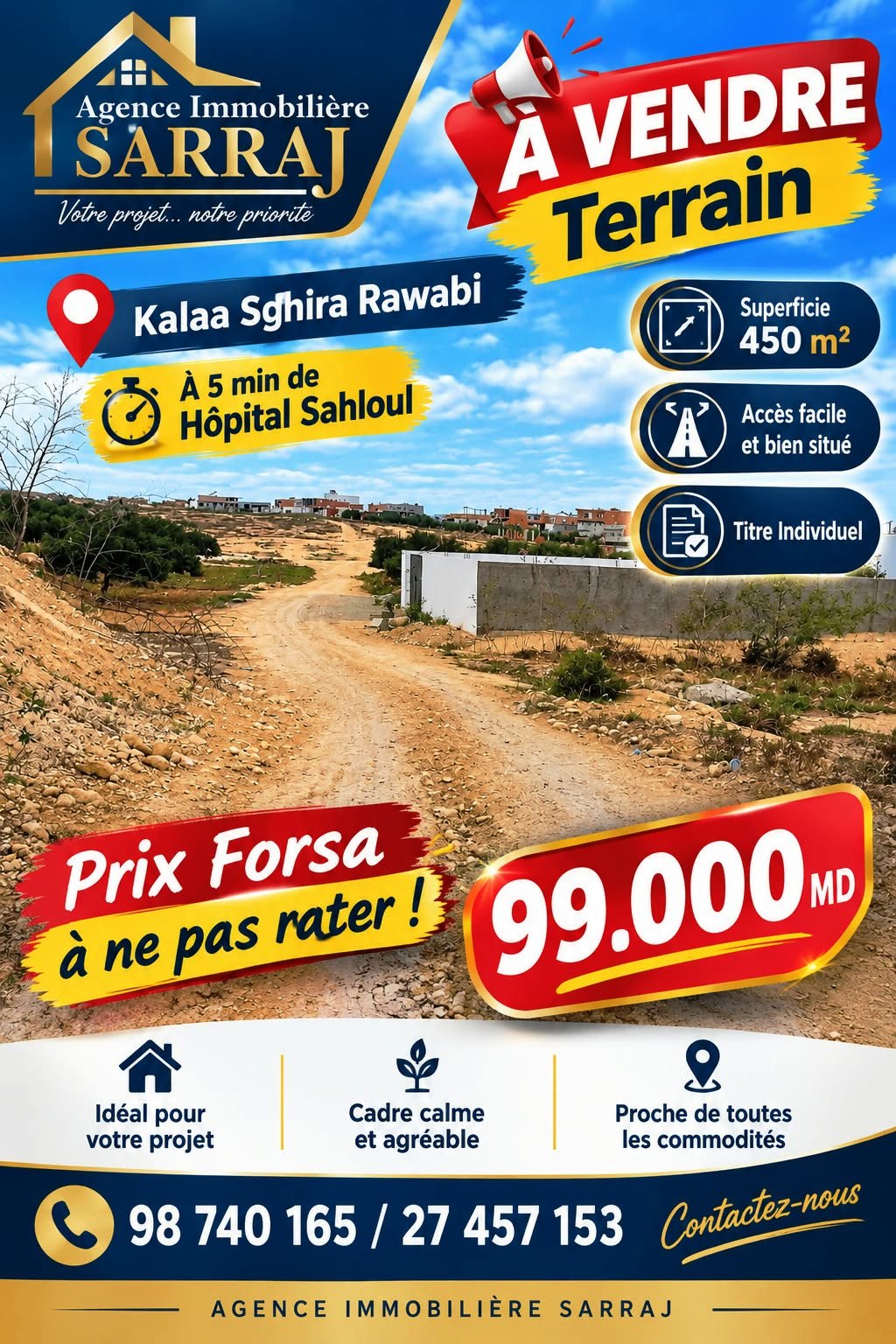 Offre terrain 450m à kalaa seghira rawabi