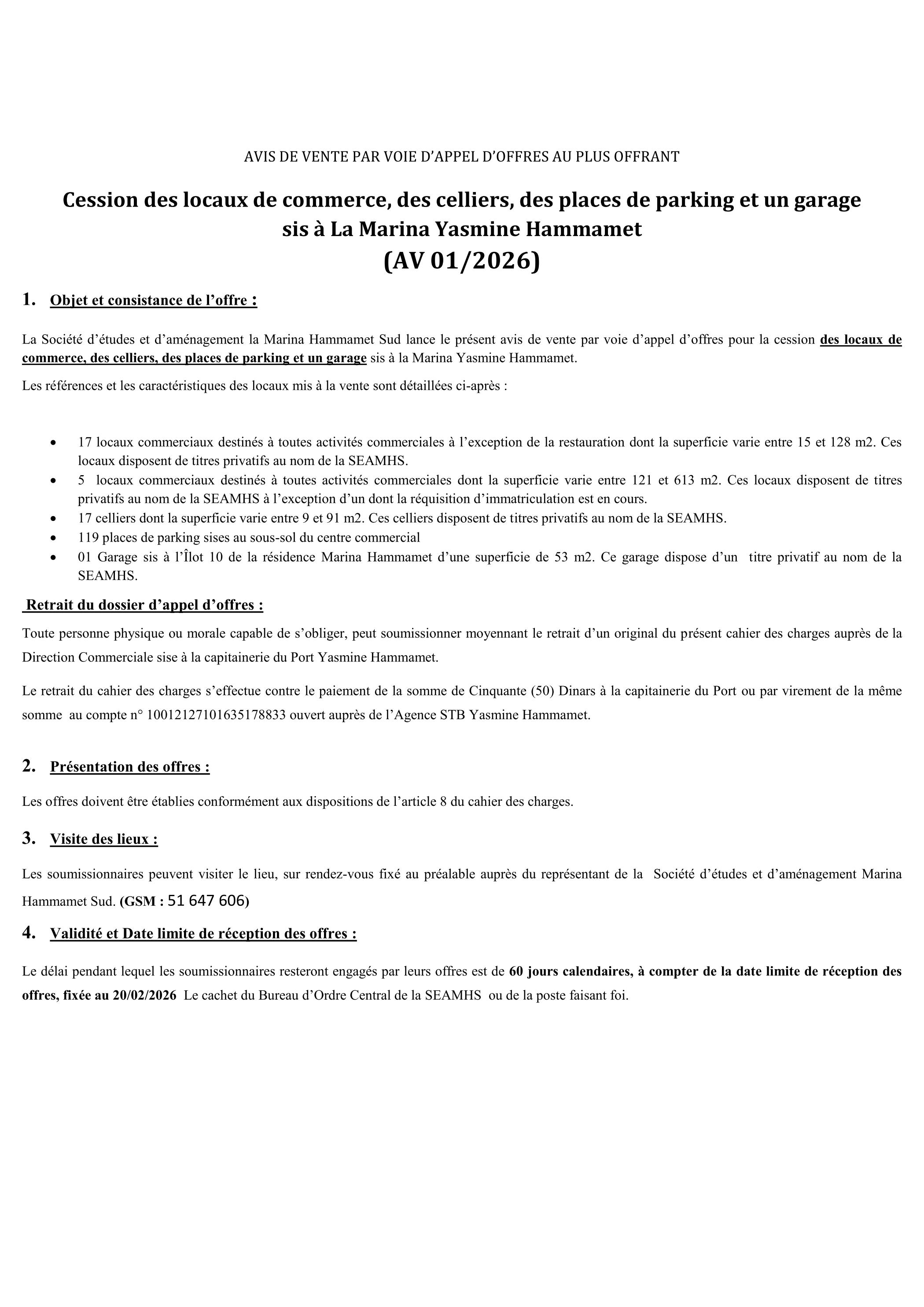 Cession par voie appel d'offres au plus offrant