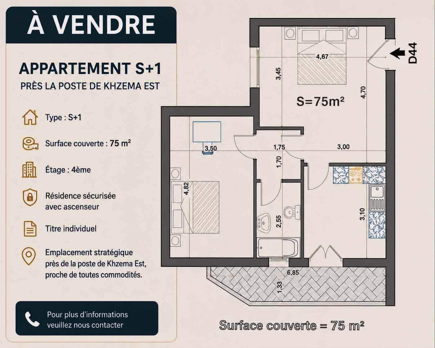 Ne rater pas appartement s1 prés la poste khzema