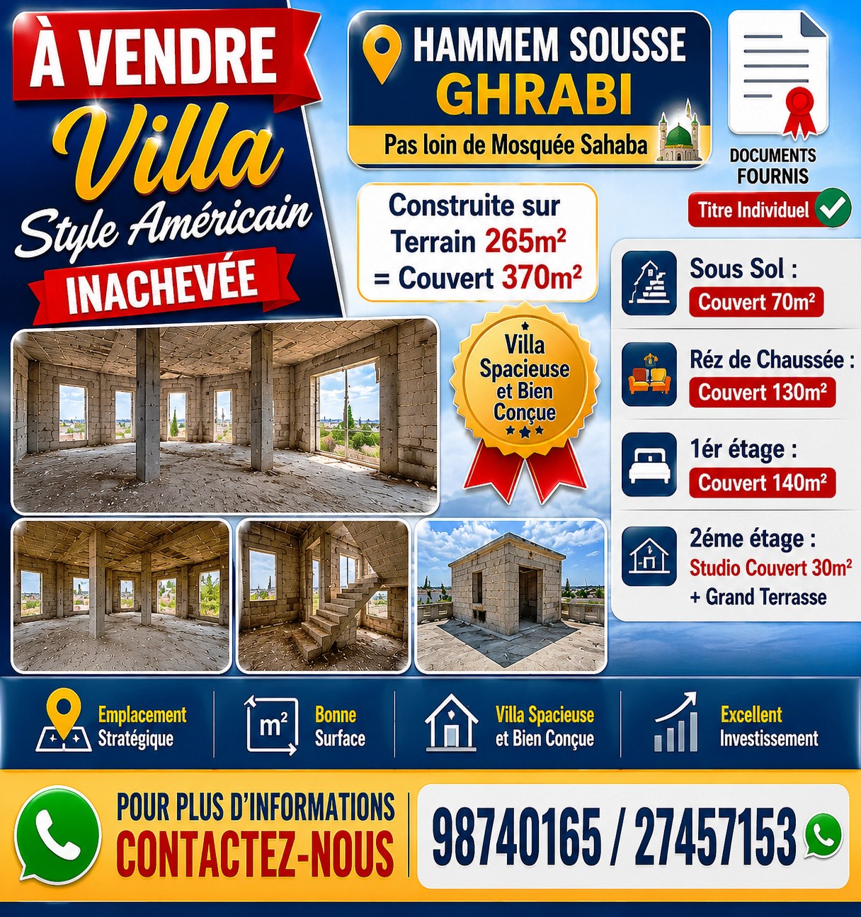 Villa style américain inachevé hammem sousse