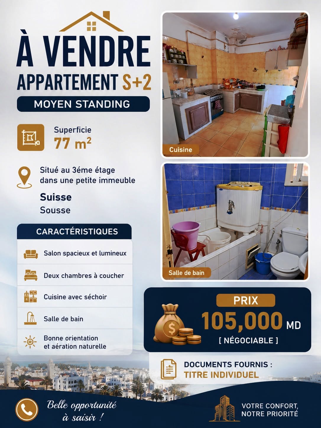 Appartement s2 moyen standing à suisse sousse