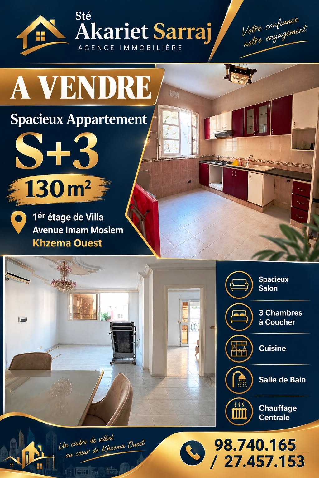 Appartement s3 avenue de imam moslem khzema ouest