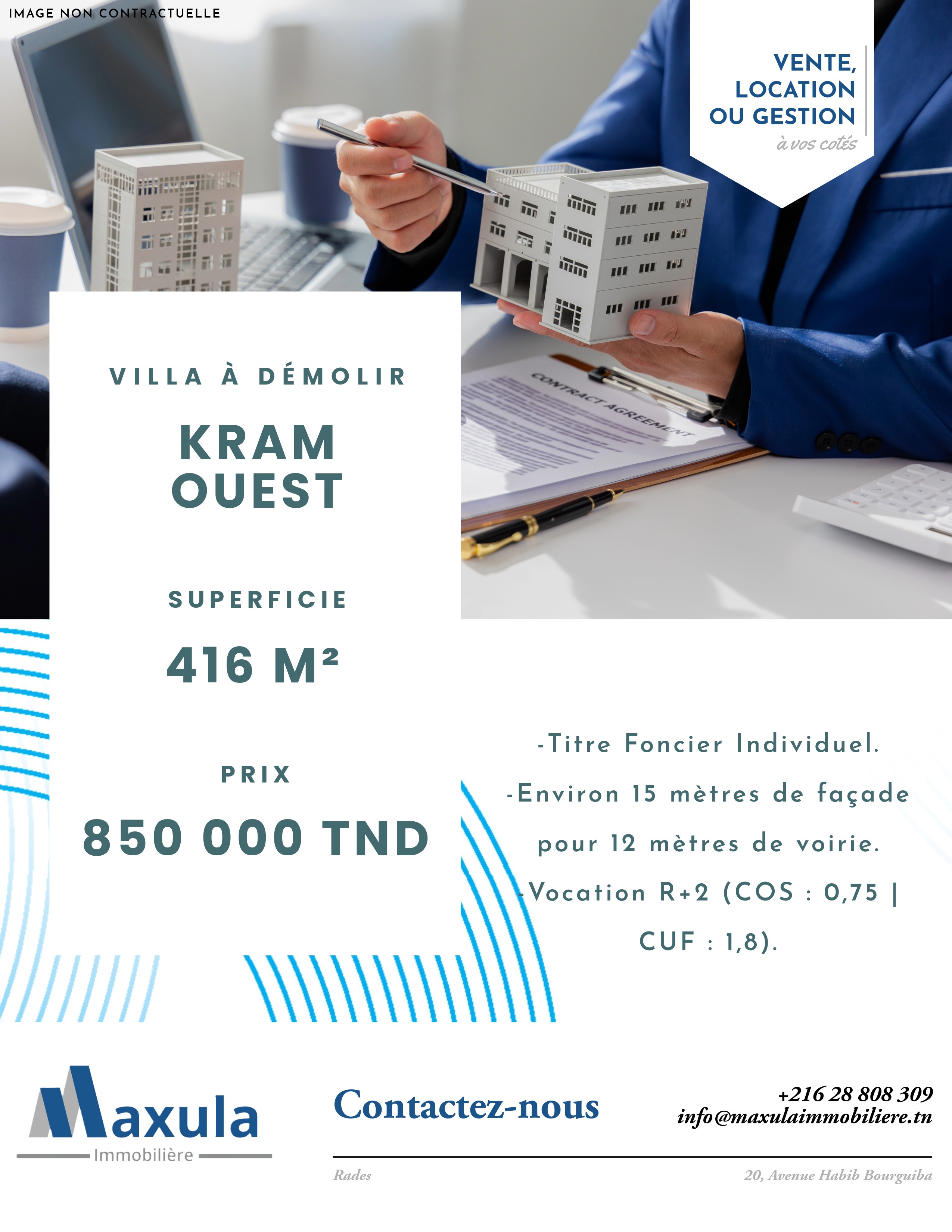 Terrain de 416m avec villa a demolir a kram ouest